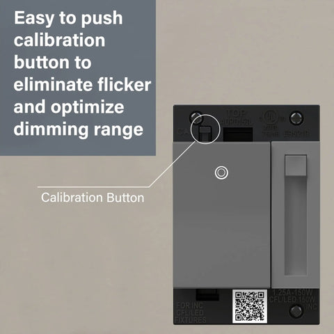 Premium Magnesium Paddle Dimmer showing easy to push calibration button for flicker free LED compatibility.