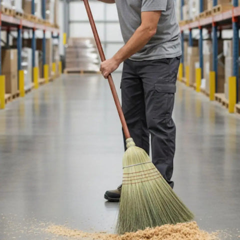 42 Inch Natural Fiber Wire Banded Warehouse Broom With Real Wood Handle For Sweeping Concrete Driveways Garages And Kitchens Built Tough To Handle The Daily Grind in use, sweeping sawdust in a warehouse aisle.