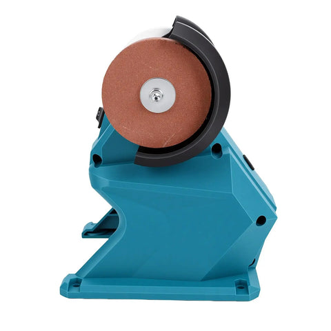 Daconovo 3 Inch Cordless Mini Bench Grinder With Dual 5500Rpm Wheels side view showing grinding wheel and compact design.
