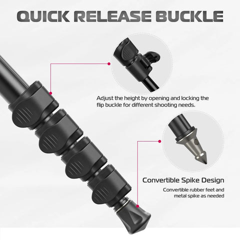 Quick release buckle and spike design of Ultra Lightweight 61 Inch Camera Monopod For On The Go Travel Photography