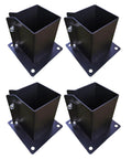 Four black bolt-down square post brackets for 6x6 wood posts, 14 gauge steel, 4 Pack Bolt Down Square Fence Post Brackets for 6x6 Wood Posts, durable anchor.
