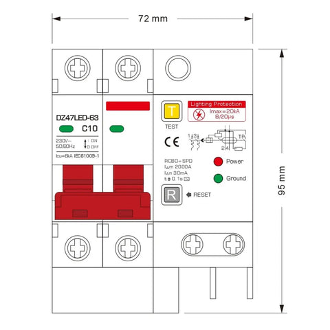 Heavy Hitter Spd Residual Current Breaker With Overload And Lightning Surge Guard 220V AC 32 Amp 30 Ma Trip shown from the front view.