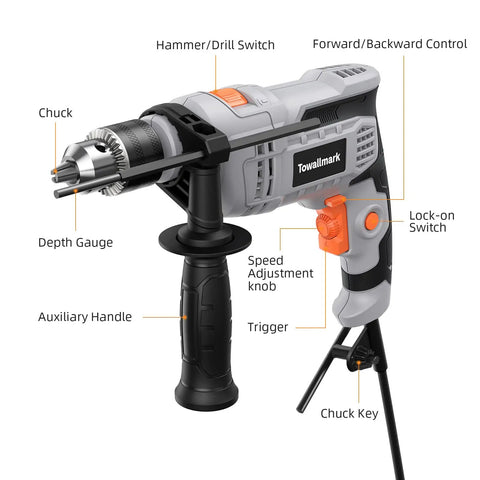 Beefy 7 Amp Hammer Drill Corded 1/2 Inch Chuck 3000 RPM Variable Speed With 10 Drill Bits For Wood Masonry Steel DIY Home