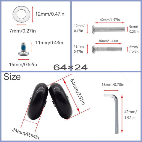 Set Of 4 Luggage Replacement Wheels 64x24mm wear resistant rubber with dimensions and components for suitcase repair and upgrades