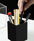 Two Pack Acrylic Pen And Pencil Holder Set For Desk Organization Black Makeup Brush Holder Cup Storage Office Desktop Organizer Keeps Pens Pencils And Makeup Brushes Neatly Separated displayed with pens and markers