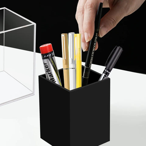 Two Pack Acrylic Pen And Pencil Holder Set For Desk Organization Black Makeup Brush Holder Cup Storage Office Desktop Organizer Keeps Pens Pencils And Makeup Brushes Neatly Separated displayed with pens and markers