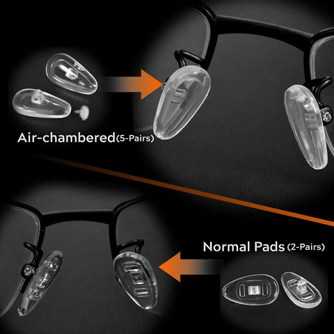 All In One Eyeglasses Nose Pads Replacement Kit With 5 Pairs Air Chamber Silicone Nose Pads, shown installed on frames and separately.