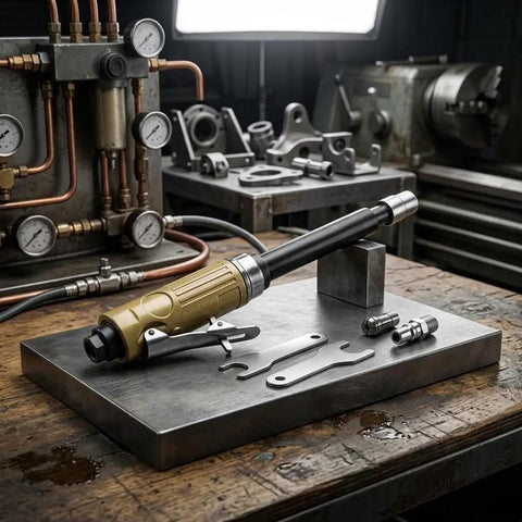 Pneumatic Die Grinder With Extended Shaft For Crevice Work Built Tough Aluminum Body on a workshop table with tools.