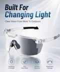 Kickass Impact Resistant Photochromic Polarized Safety Glasses Featuring Adaptive UV400 Lenses That Auto Adjust From Clear To Dark For Outdoor Sports And Daily Grind with clear and dark lens transition.