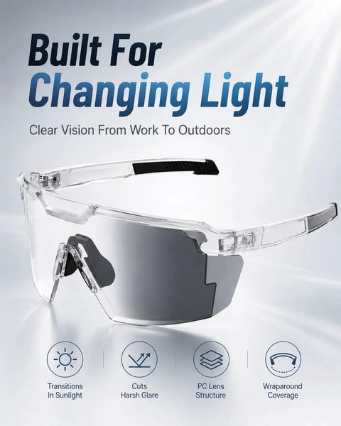 Kickass Impact Resistant Photochromic Polarized Safety Glasses Featuring Adaptive UV400 Lenses That Auto Adjust From Clear To Dark For Outdoor Sports And Daily Grind with clear and dark lens transition.