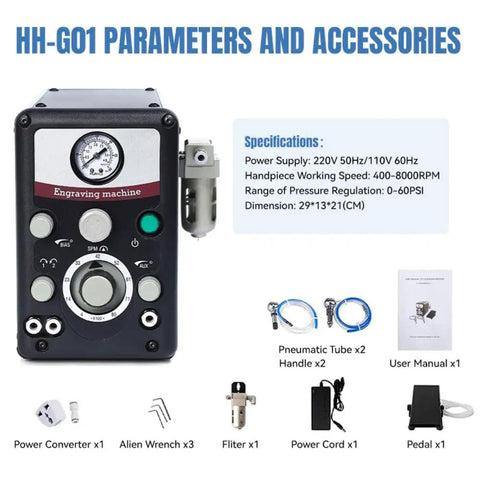 Pneumatic Jewelry Engraver Machine Dual Head 400 To 8000 RPM Pro Grade With 0 To 60 PSI Pressure 110V 220V Versatile Tool