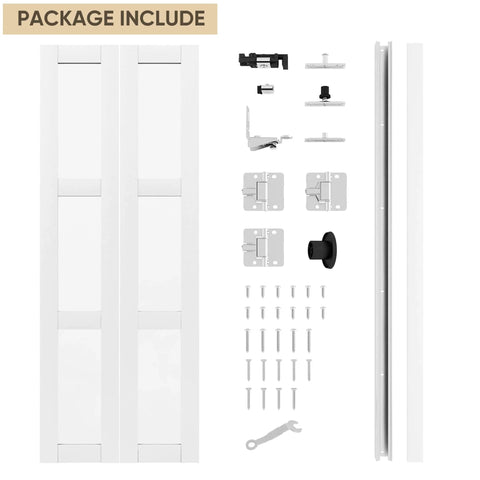 Solid Wood Bifold Closet Doors For 30 By 80 Inch Opening 3 Lite Tempered Frosted Glass Barn Style Folding Door With Hardware Kit