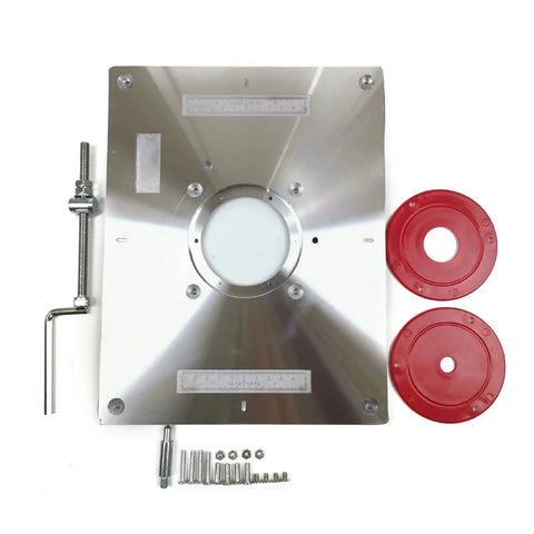 Premium Aluminum Router Table Insert Plate For Precision Wood Trimming with center bushing and red rings for woodworkers setup.