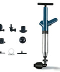 Heavy Duty High Pressure Air Plunger Kit with swappable heads for toilets, sinks and showers for fast drain rescue.