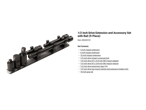 Seventeen-piece impact extension and accessory set with 1/2 inch drive and rail, featuring drive extensions and adapters.