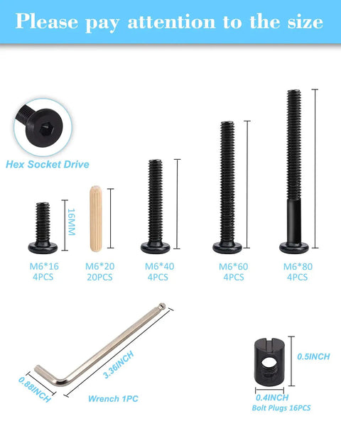 Durable Crib Screws Hardware Replacement Kit For Baby Beds And Furniture Includes M6 Hex Drive Socket Cap Screws In 16 40 60 80 Mm sizes displayed.