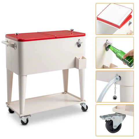 80 Quart Rolling Ice Chest On Wheels For Outdoor Bevs And Patio Parties With Waterproof Cooler Cart Cover Keeps Drinks Cold 48 Hours And Food Warm 8 Hours Holds Up To 100 Cans Includes Bottle Opener And Cap Catcher