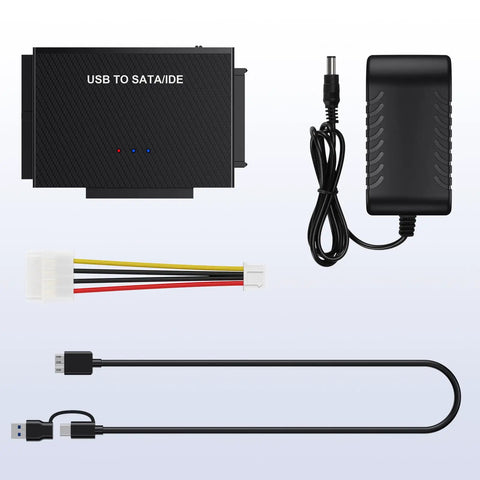 Hard Drive Reader USB 3.0 To SATA IDE Adapter Kit For Universal 2.5 Or 3.5 HDD SSD, with power adapter and cables