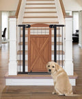 Top Shelf Farmhouse Wood Dog Gate With Sliding Barn Door Style adjusts from 29 to 40 inches, featuring a wooden frame and sturdy design.