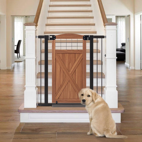 Top Shelf Farmhouse Wood Dog Gate With Sliding Barn Door Style adjusts from 29 to 40 inches, featuring a wooden frame and sturdy design.