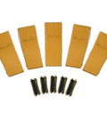 Five Pack 230SP Excavator Bucket Teeth With Flex Pins 23FP For 23 And 230 Series Skid Steer Loaders And Excavators Compatible With Kubota John Deere Case JCB Backhoes Beefy Wear Resistant Bits, shown with flex pins arranged below.