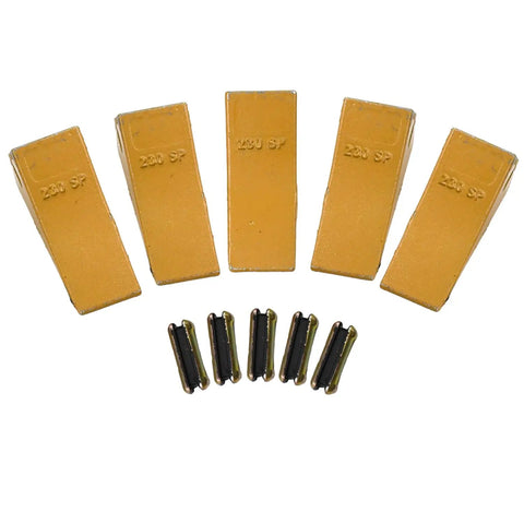 Five Pack 230SP Excavator Bucket Teeth With Flex Pins 23FP For 23 And 230 Series Skid Steer Loaders And Excavators Compatible With Kubota John Deere Case JCB Backhoes Beefy Wear Resistant Bits, shown with flex pins arranged below.