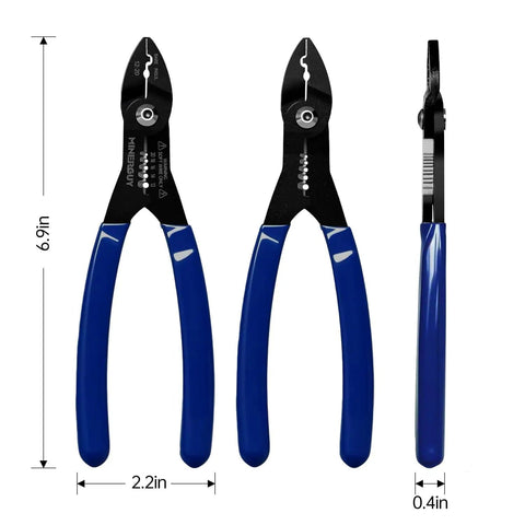 4-In-1 Electrician Pliers Set with wire cutter, stripper, crimper, and gripper for 12-20 AWG, blue ergonomic handles shown front and side