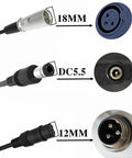 Close-up of 54.6V 2A Universal Ebike And Scooter Charger With Three Plugs, showing 18mm, DC5.5, and 12mm connectors.