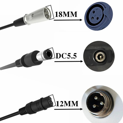 Close-up of 54.6V 2A Universal Ebike And Scooter Charger With Three Plugs, showing 18mm, DC5.5, and 12mm connectors.