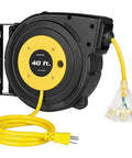40 Ft Retractable Extension Cord Reel With A Heavy Duty SJTOW Cable Triple Outlets And 15A Breaker Wall Or Ceiling Mount 12 AWG UL Listed