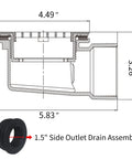 Heavy Duty PVC Side Outlet Drain Assembly Featuring Snug Silicone Rings For Low Profile Shower Bases And Smooth Tile Floors Built Damn Tough Daily Performance, detailed measurement diagram.