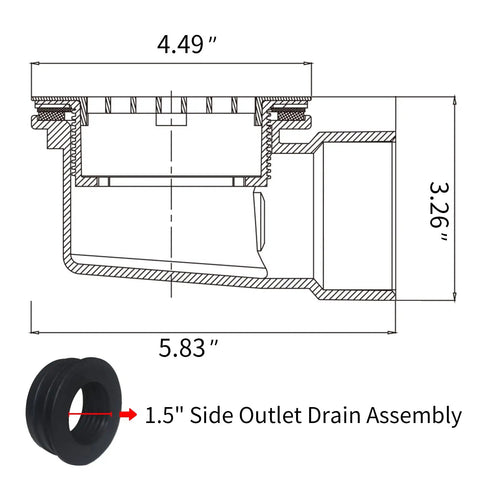 Heavy Duty PVC Side Outlet Drain Assembly Featuring Snug Silicone Rings For Low Profile Shower Bases And Smooth Tile Floors Built Damn Tough Daily Performance, detailed measurement diagram.