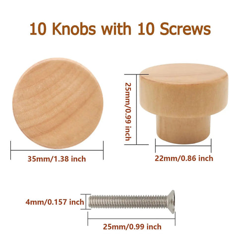 10 Pack Wood Cabinet Knobs Flat Top Round Natural Wooden Drawer Pulls for Dressers, Diameter 35mm, Height 25mm, Includes Screws, Easy Install, DIY Friendly, Durable Natural Finish