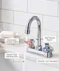 Heavy Duty Commercial Gooseneck Faucet Deck Mount Two Handle Solid Brass Build Chrome Finish Rust Resistant Kitchen Bath Sink Fixture Built Different For The Long Haul with 360-degree swivel spout.