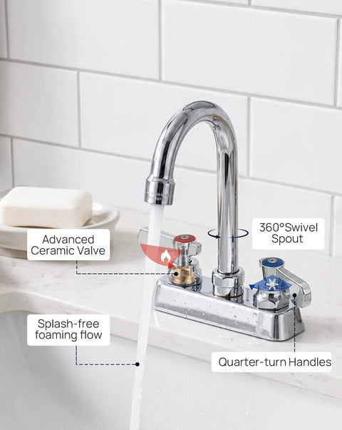 Heavy Duty Commercial Gooseneck Faucet Deck Mount Two Handle Solid Brass Build Chrome Finish Rust Resistant Kitchen Bath Sink Fixture Built Different For The Long Haul with 360-degree swivel spout.