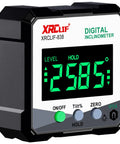 No Nonsense Digital Angle Gauge Meter with large display, measuring 258.5°, designed for precise leveling and carpentry uses.