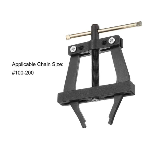 Chain Connecting Puller Holder Tool For Bicycle Chains Size 100 To 200, durable carbon steel tool, shown with adjustable pin and chain size label.