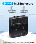 Dual Bay M.2 NVMe SSD Cloner Dock and Enclosure With USB 3.2 Gen 2X2 Boasting 20gbps Speeds showing ports and clone indicators.
