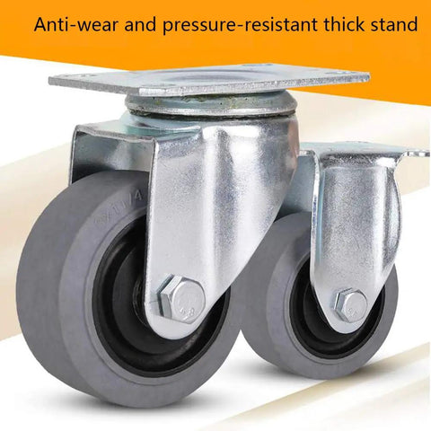 Heavy Duty Swivel Caster Wheels With Conductive Rubber Treads For Ultra Quiet Rolling And Anti Static Safety Reinforced Base close-up showing stainless mount plate and thick rubber treads.