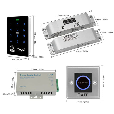 WiFi Security Access Kit With Waterproof RFID Touch Keypad Door Lock Tuya Smart App Remote Opener Electric Mortise Lock Sensor Switch Doorbell And Keychain For Easy Home Security Plug And Play Setup with components displayed, including lock, keypad, power supply, and sensor switch.