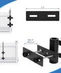 Rugged Deck Railing Umbrella Stand Clamp for patio fence mount, adjustable parasol holder, black iron, dimensions and setup shown.