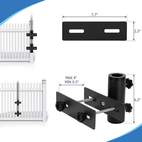 Rugged Deck Railing Umbrella Stand Clamp for patio fence mount, adjustable parasol holder, black iron, dimensions and setup shown.