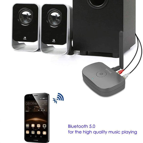 Long Range Bluetooth Music Receiver For Wired Speakers And Home Stereo Wireless Audio Adapter With Bluetooth 5.0 To Stream From Phone Or PC That Turns Any Setup Into A Modern Wireless Sound System Black showing connectivity with speakers