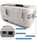 Back view of Top Shelf Ultrasonic Vinyl Cleaner featuring cooling mouth, power socket, drainage pipe, and separate power switch.