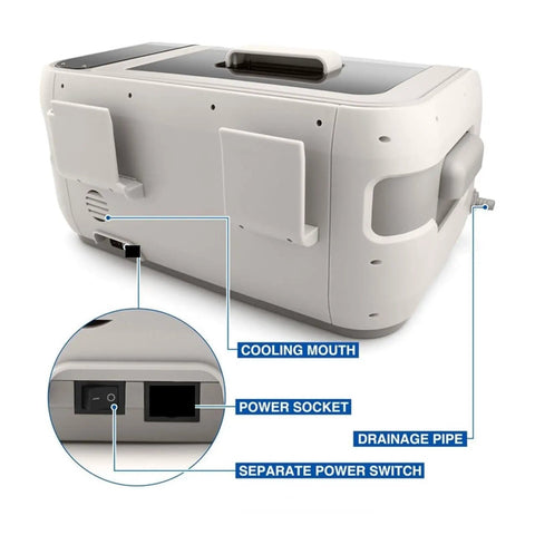 Back view of Top Shelf Ultrasonic Vinyl Cleaner featuring cooling mouth, power socket, drainage pipe, and separate power switch.