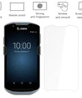 Tempered Glass Screen Protector For Zebra TC51 TC510K TC52 TC52X TC56 TC57 TC57X Barcode Scanners, HD Clarity, shown next to a Zebra scanner