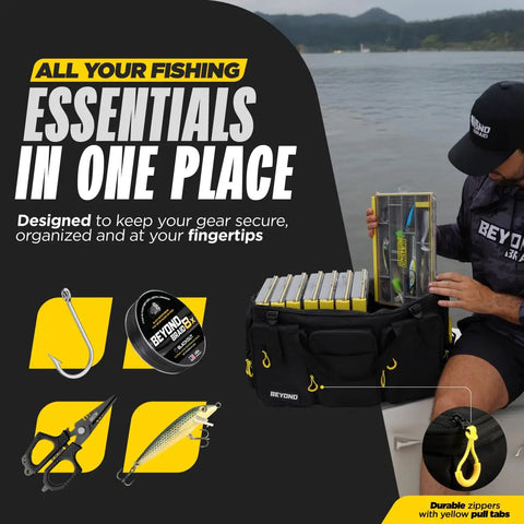 Angler using XL Tackle Bag Hauler Pro For Anglers With Mega Storage Capacity Fits 12 3700 Boxes And 4 Large Side Pockets Offshore Ready Tournament Grade All In One Gear Organizer on a boat.