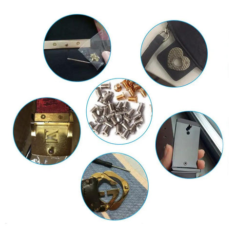 Legit Nickel Plate Phillips Flat Head Screws For Belt Buckle Fix And Handbag Hardware DIY Replacement Set Of 30 Rust Proof Countersunk Bolts, various bolts, tools, and leather goods.