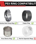 Diagram showing compatibility of PEX rings: stainless steel clamp, copper, press sleeves, not for expansion rings.