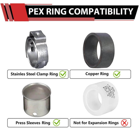 Diagram showing compatibility of PEX rings: stainless steel clamp, copper, press sleeves, not for expansion rings.